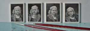 De portretjes van Rembrandt, miniaturen van het gezicht van Rembrandt in verschillende emoties. Gemaakt voor de Expositie "De nieuwe nachtwacht" in Slot Zeist