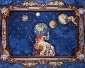 Sterrenhemel met Atlas en planeten. Het plafond is gemaakt voor een victoriaans poppenhuis. Het is een compilatie van meerdere fragmenten.