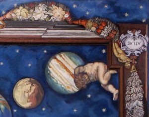 Plafondschilderingen van Diane Meyboom: Detail van 'Sterrenhemel met Atlas en planeten'. Het plafond is gemaakt voor een victoriaans poppenhuis. Het is een compilatie van meerdere fragmenten.