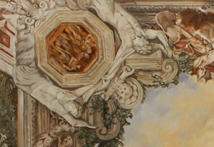 Plafondschilderingen van Diane Meyboom: een Detail van een fragment van het beschilderde plafond van Pietro da Cortona te zien in Palazzo Barberini in Rome. In opdracht geschilderd voor een poppenhuis