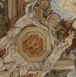 Plafondschilderingen van Diane Meyboom: Detail van een fragment van het beschilderde plafond van Pietro da Cortona te zien in Palazzo Barberini in Rome. In opdracht geschilderd voor een poppenhuis