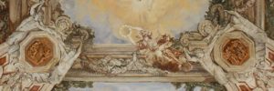 Detail van een fragment van het beschilderde plafond van Pietro da Cortona te zien in Palazzo Barberini in Rome. In opdracht geschilderd voor een poppenhuis