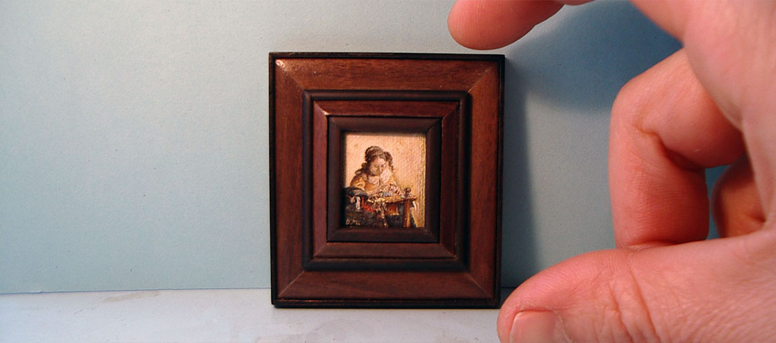 De kantwerkster van Vermeer. Miniatuur olieverf schilderij door Diane meyboom