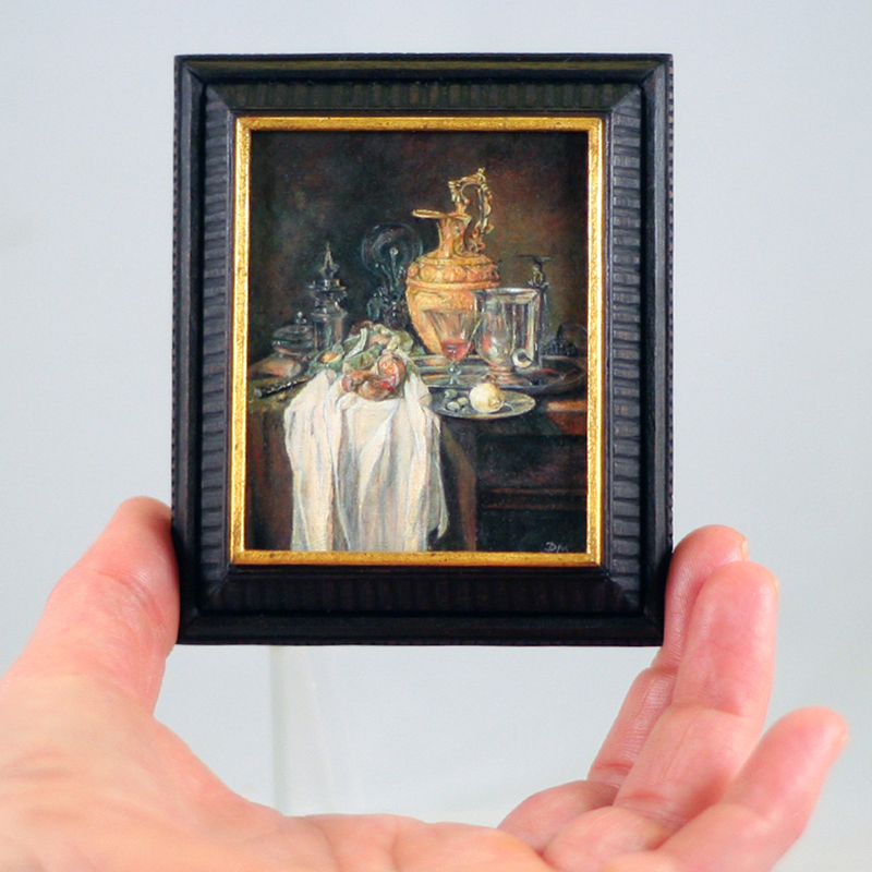 Miniatuurschilderij van Willem Kalf's stilleven "Lampetkan, vat en granaatappel" door Diane Meyboom