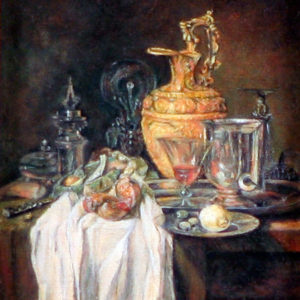 Detail van het miniatuurschilderij van Willem Kalf's stilleven "Lampetkan, vat en granaatappel" door Diane Meyboom