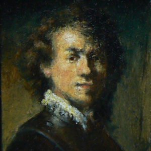 Detail van het zelfportret van Rembrandt van Rijn miniatuur door Diane Meyboom. Geschilderd op houtpaneel