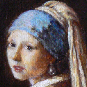 Detail van het miniatuurschilderij van 'Het meisje met de Parel' van Vermeer door Diane Meyboom