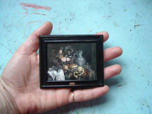 Miniatuur olieverf schilderij door Diane Meyboom: een stilleven van Jan Davidsz. de Heem.
