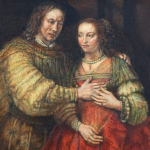 Detail van Het Joodse Bruidje, miniatuurschilderij door Diane Meyboom. Origineel van Rembrandt van Rijn. Hangt in het Rijksmuseum Amsterdam